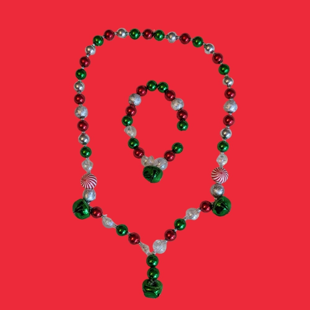 Christmas Jingle Bell Necklace and Bracelet Set.Holiday Festive Gifts